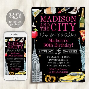 New York City Birthday Invitation Editable Template, And The City NYC Party Invite, Big Apple Adult Girls Night Out 30th Gold Black Evite