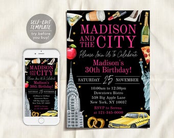 New York City Birthday Invitation Editable Template, And The City NYC Party Invite, Big Apple Adult Girls Night Out 30th Gold Black Evite