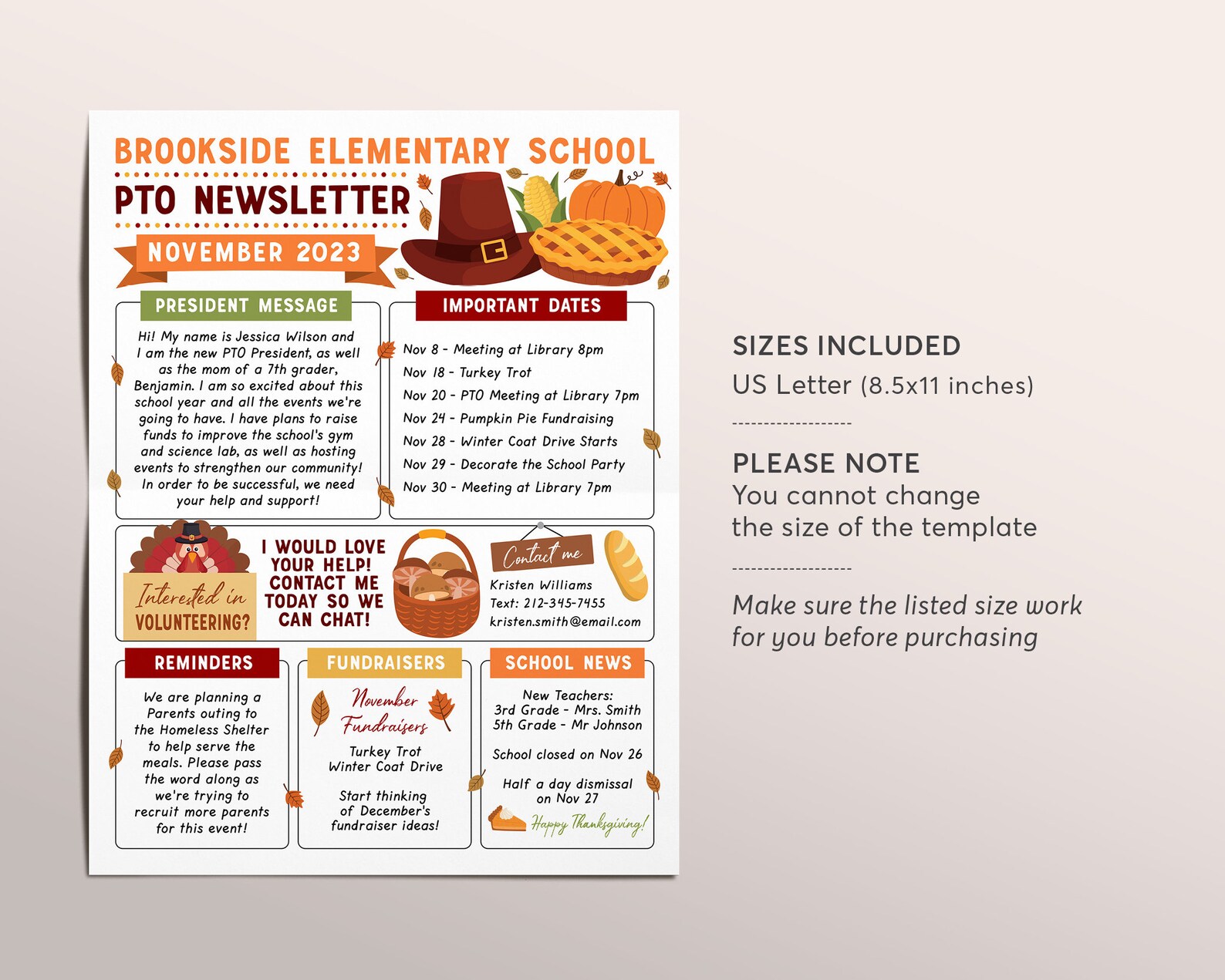 November PTO PTA Newsletter Flyer Editable Template, Back to School ...