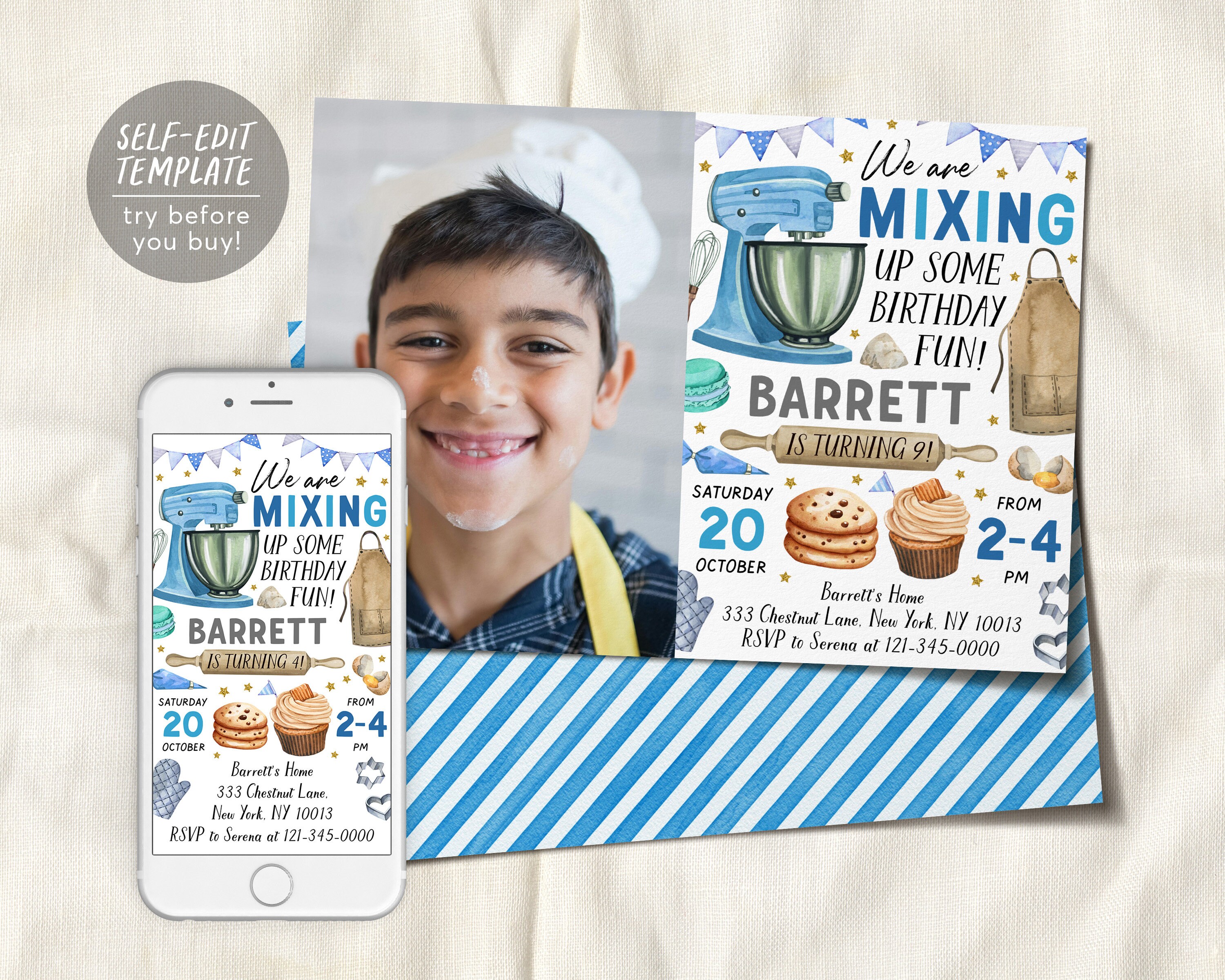 Baking Birthday Party Invitation With Photo Editable Template, Boy Chef Baking Party Invite, Blue Kids Cooking Party Evite, Cupcake Cookies