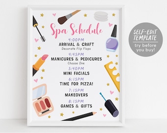 Puede incluir: Un letrero con marco blanco titulado Spa Schedule con texto rosa e ilustraciones de artículos de belleza que incluyen brochas, lápiz labial, esmalte de uñas y paletas de sombras, rodeado de estrellas doradas y corazones rosas.