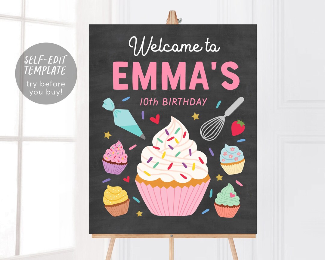 Editable Cupcake Birthday Sign Template, Girl Baking Party
