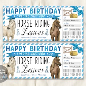 Horse Riding Lessons Gift Voucher Editable Template, Birthday Surprise Horseback Riding Class Holiday Gift Certificate Ticket, Trail Rides