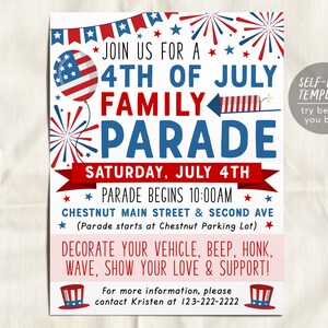 4th of July Family Parade Flyer Invitation Editable Template, Independence Day Bike Parade, Block Party Fourth of July Celebration Summer