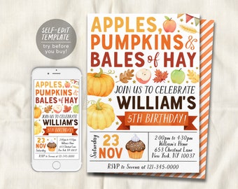 Apple and Pumpkins Birthday Invitation Editable Template, Kids Unisex Thanksgiving Bales Of Hay Party Invite, Pumpkin Patch Autumn Fall