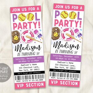 Softball Pool Party Geburtstagsticket Einladung bearbeitbare Vorlage, Sommersport Softball Hinterhof Sommerparty Laden Schwimmbad VIP Pass ein