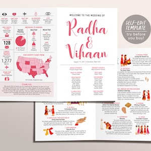 Modelo de programa de casamento indiano, infográfico de cerimônia de recepção hindu, livreto colorido de programa de casamento indiano, convite indiano rosa