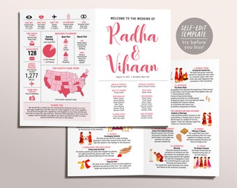 Indian Wedding Program Template, Hindu Reception Ceremony Infographic, Colorful Indian Wedding Program Booklet, Pink Indian Invitation