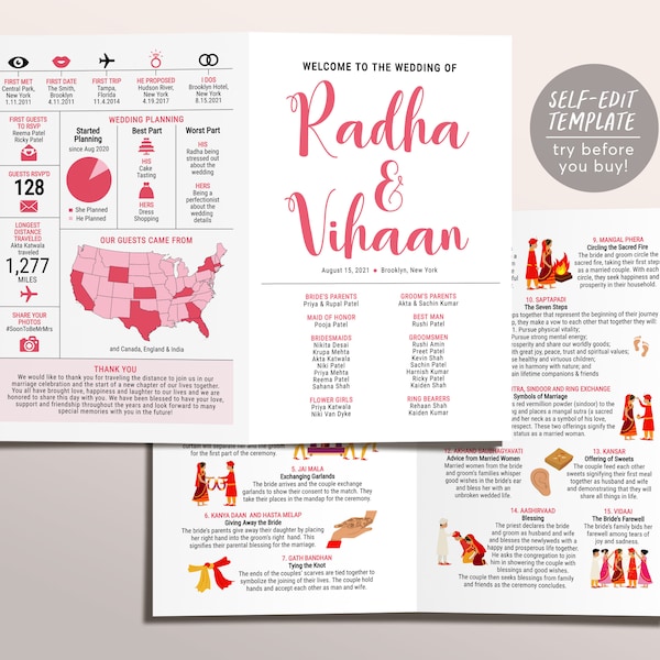 Indian Wedding Program Template, Hindu Reception Ceremony Infographic, Colorful Indian Wedding Program Booklet, Pink Indian Invitation