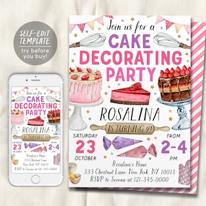 Kuchen dekorieren Party Einladung bearbeitbare Vorlage, Mädchen Backen Geburtstag Evite, Kinder Preteen Chef Kochen Party einladen, Sweets Bake Shop