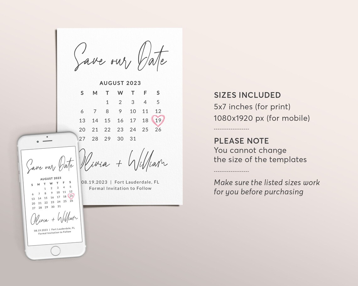 Calendar Save the Date Editable Template Modern Simple - Etsy