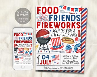 4th of July Invitation Editable Template, Fourth of July Celebration BBQ Fireworks Invite, Independence Day Neighborhood Block Party Picnic
