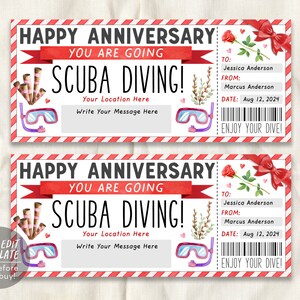 Scuba Diving Ticket Editable Template, Anniversary Surprise Snorkeling Experience Reveal Voucher, Deep Sea Diving Trip Gift Certificate