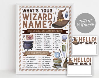 What's Your Wizard Name Game, Magical Wizard Birthday Party Activity With Name Tags And Sign Printable Fall  Spooktacular Halloween Themed