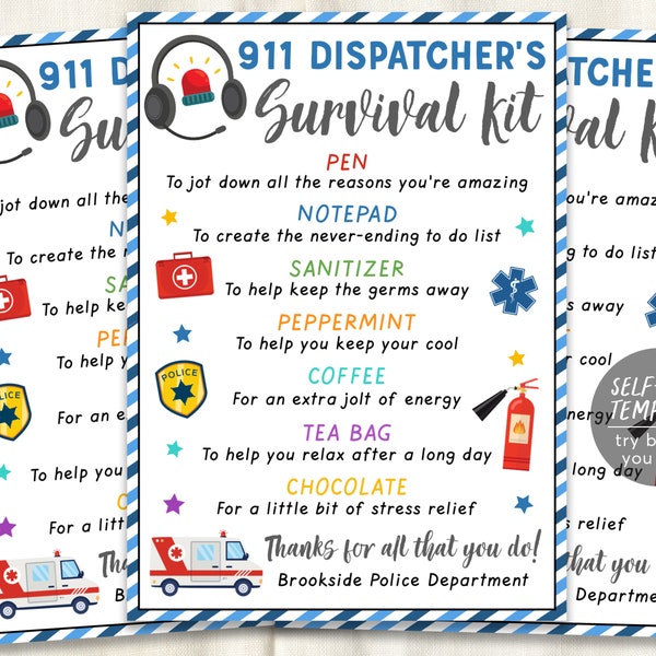 Emergency 911 Dispatcher Kit Gift Tags Editable Template, First Responder Medical Enforcement Appreciation Gift Tags, 911 Operator Thank You