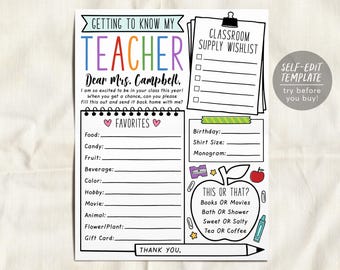 Può includere: Un questionario stampabile Getting to Know My Teacher con un titolo colorato, una lista di materiale scolastico, una sezione preferiti con righe vuote e un gioco This or That con un'immagine di una mela e icone scolastiche.