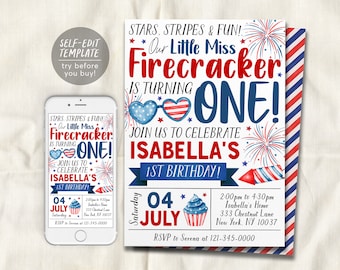 4. Juli 1. Geburtstagseinladung Bearbeitbare Vorlage, Little Miss Firecracker Erster Geburtstag Patriotische Party-Einladung, Mädchen Rot Weiß Blau
