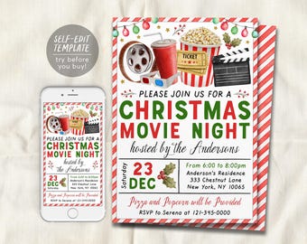 May include: A Christmas movie night invitation template featuring watercolor illustrations of a film reel, popcorn, 3D glasses, and a clapperboard. The text reads: Please join us for a Christmas movie night hosted by the Andersons, Saturday 23 Dec.
