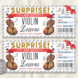 Violin Lessons Gift Certificate Editable Template, Surprise Music Violin Class Masterclass Gift Voucher Gift Reveal Coupon, Any Occasion