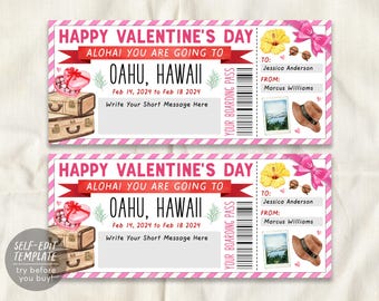 May include: A printable Valentine's Day boarding pass template featuring a pink striped border, a stack of vintage suitcases, a heart-shaped box, a yellow hibiscus, sunglasses, a straw hat, and a photo. Text includes Happy Valentine's Day, Aloha! You Are Going To Oahu, Hawaii, Feb 14, 2024 to Feb 18, 2024, and Your Boarding Pass.