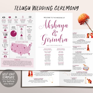 Telugu Ceremony Program Template, Editable Indian Wedding Ceremony Guide, South Indian, Hindu Infographic, Folded Modern Wedding Program