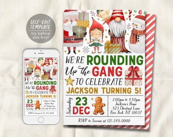 May include: A printable invitation for a child's birthday party. The invitation features a watercolor illustration of Santa Claus, a gnome, a snowman, and other Christmas characters. The text on the invitation reads "We're Rounding Up the Gang to Celebrate Jackson Turning 5!" and includes the date, time, and location of the party.