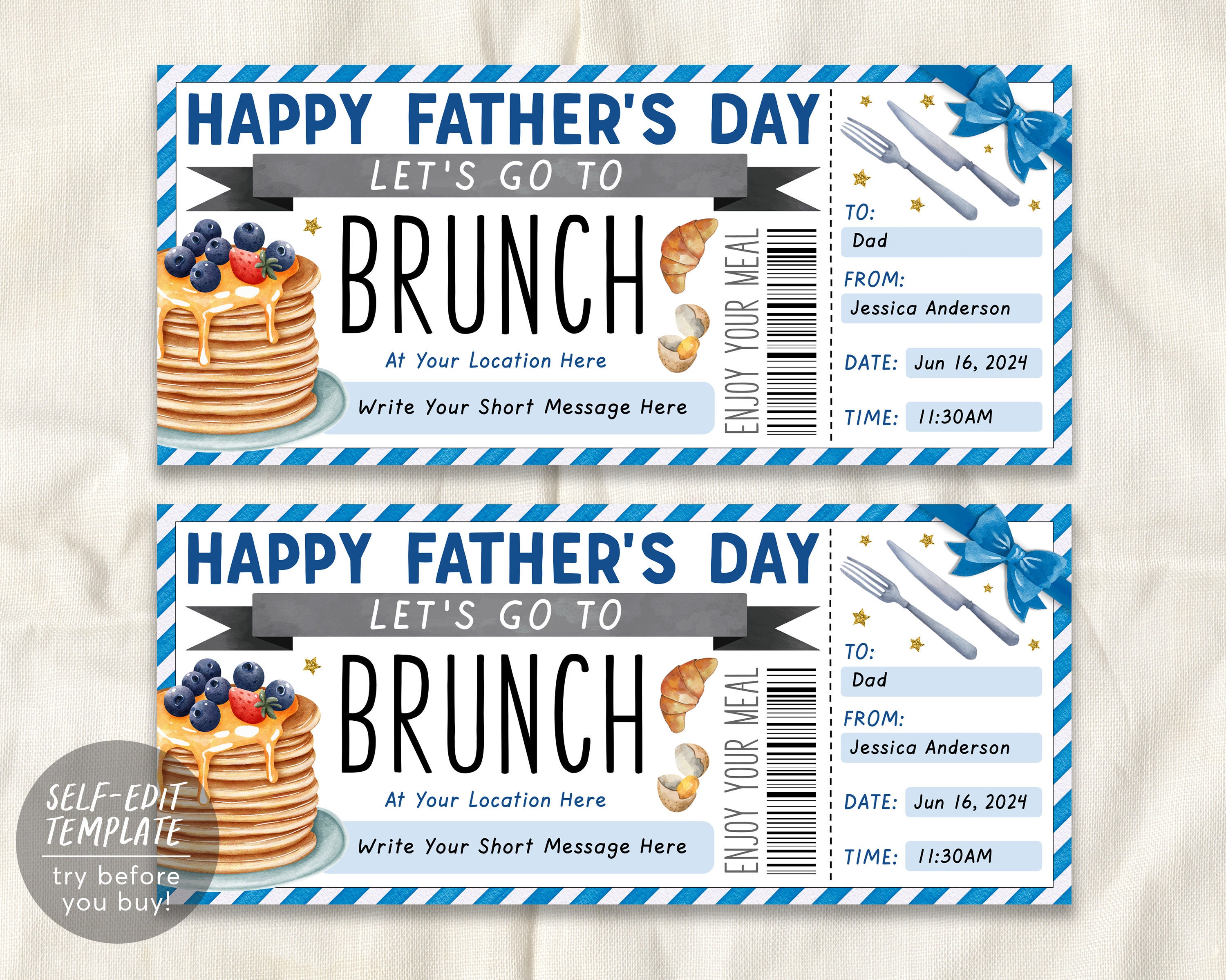 Fathers Day Brunch Coupon Ticket Editable Template, Fathers Day Lunch Luncheon Gift Certificate For Dad, Breakfast Gift Voucher Printable