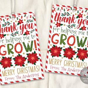 Modèle modifiable d'étiquettes de cadeau de poinsettia de Noël, étiquette de faveur de vacances de fleur de Noël, merci de m'avoir aidé à grandir, appréciation du professeur d'école