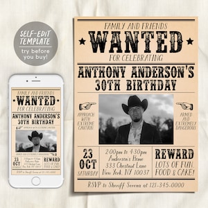 Convite de pôster de procurado por adulto com modelo editável de foto, convite para festa de aniversário fora da lei ocidental de cowboy cowgirl, oeste selvagem do sudoeste