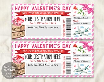 May include: A printable Valentine's Day boarding pass template featuring pink striped borders, a red rose, a pink bow, two stacked suitcases with a heart-shaped box, and an airplane. Text includes Happy Valentine's Day and Your Boarding Pass.