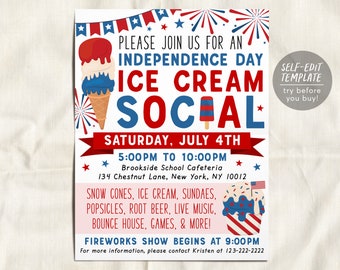 4th of July Ice Cream Social Flyer Editable Template, Independence Day Fourth of July Block Party Invite, Summer Fundraiser Poster School