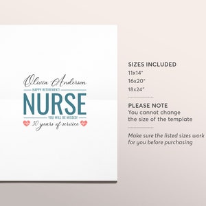 Peut inclure: Une affiche imprimable de retraite pour une infirmi&egrave;re avec le texte "Olivia Anderson, Joyeux Retraite ! Infirmi&egrave;re, Vous Allez Nous Manquer ! 30 Ans de Service". L'affiche est d&eacute;cor&eacute;e de deux c&oelig;urs roses. L'affiche est disponible en trois tailles : 11x14 pouces, 16x20 pouces et 18x24 pouces.