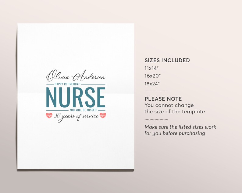 Peut inclure: Une affiche imprimable de retraite pour une infirmi&egrave;re avec le texte "Olivia Anderson, Joyeux Retraite ! Infirmi&egrave;re, Vous Allez Nous Manquer ! 30 Ans de Service". L'affiche est d&eacute;cor&eacute;e de deux c&oelig;urs roses. L'affiche est disponible en trois tailles : 11x14 pouces, 16x20 pouces et 18x24 pouces.
