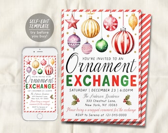 Christmas Ornament Exchange Party Invitation Editable Template, Christmas Gift Exchange Invite Printable, Xmas Holiday White Elephant Evite