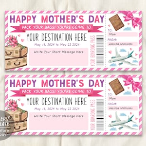Modèle modifiable de carte d’embarquement surprise pour la fête des mères, bon de billet d’avion de voyage de vacances pour maman, certificat de destination de vol de voyage DIY