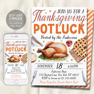 Thanksgiving Dinner Potluck Invitation Editable Template, Friendsgiving Dinner Invite, Thanksgiving Feast Evite Printable, Fall Gathering
