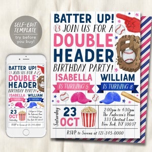 May include: A baseball-themed birthday party invitation with a blue and white striped background. The invitation features a baseball glove, bats, and baseballs. The text on the invitation reads "Batter Up! Join us for a Double Header Birthday Party! Isabella is turning 5 William is turning 8". The date of the party is October 23rd. The time of the party is 2:00pm to 4:30pm. The location of the party is The Anderson's Home, 333 Chestnut Lane, New York, NY 10037. The RSVP information is "RSVP to Serena at 121-345-0000".