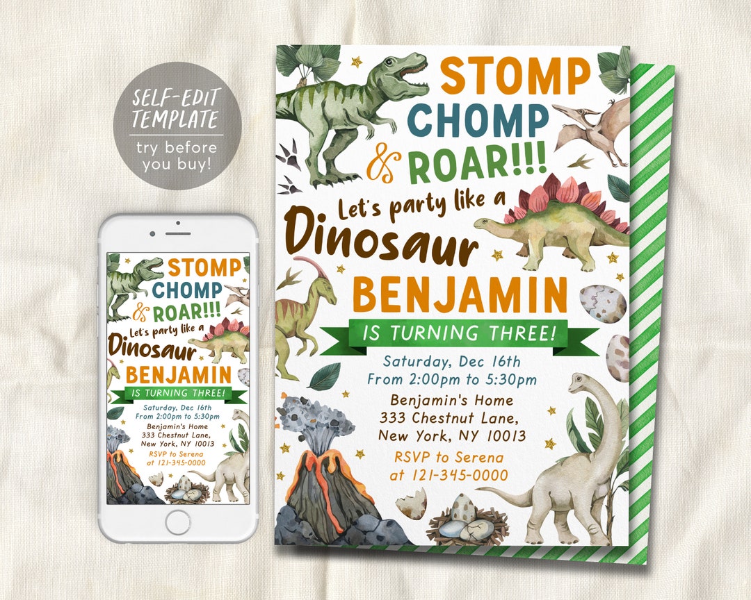 Dinosaur Birthday Party Invitation Editable Template, Dino Boy Birthday ...