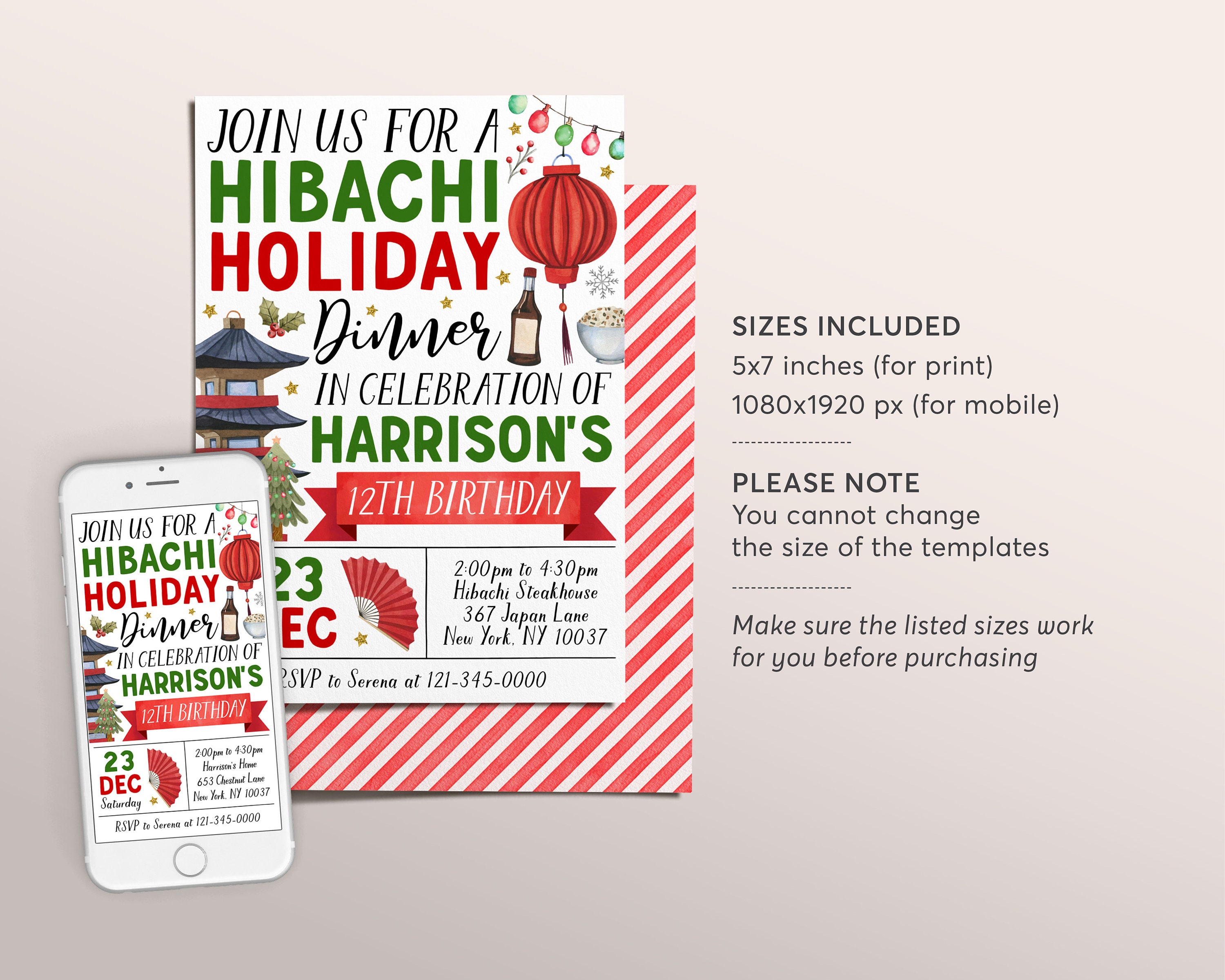 Japan Invite Christmas Hibachi Dinner Party Invitation Editable Template, Hibachi ...