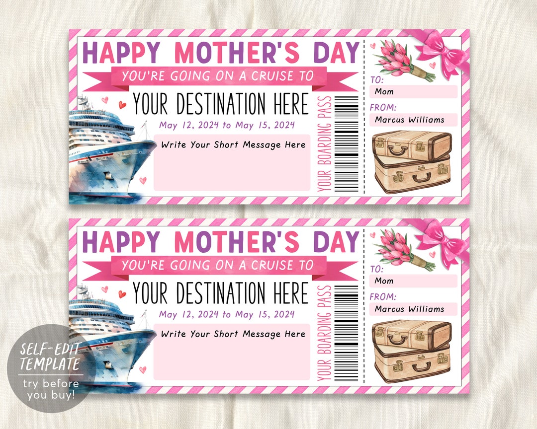 Mothers Day Cruise Boarding Pass Ticket Editable Template, Surprise ...