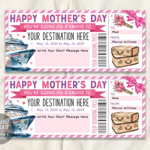 Modèle modifiable de billet de carte d'embarquement de croisière pour la fête des mères, bon-cadeau de bateau de croisière surprise pour maman, billet de voyage de vacances Révéler le voyage
