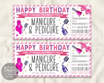 Modello modificabile biglietto Mani Pedi, buono regalo compleanno manicure pedicure per lei, coupon voucher giorno spa salone per unghie stampabile