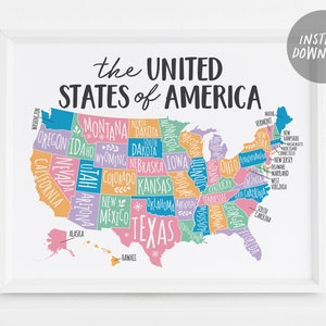 Verenigde Staten Van Amerika Kaart, USA Kaart Wall Art for School Homeschool Klaslokaal Decor Nursery Kids Room, Typografie USA Kaart Kleurpagina
