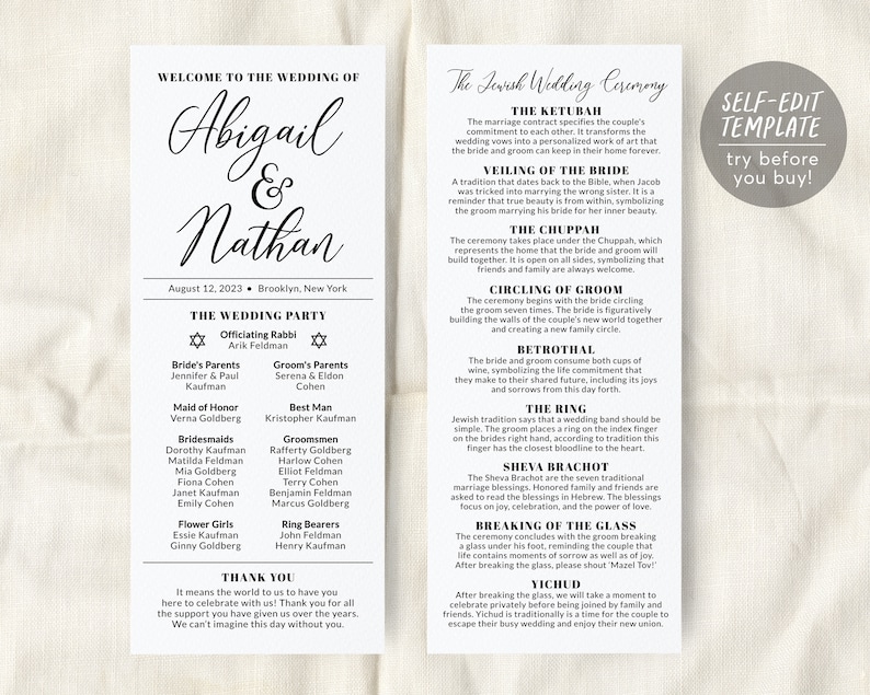 Jewish Wedding Program Template Jewish Explanation Judaica Etsy