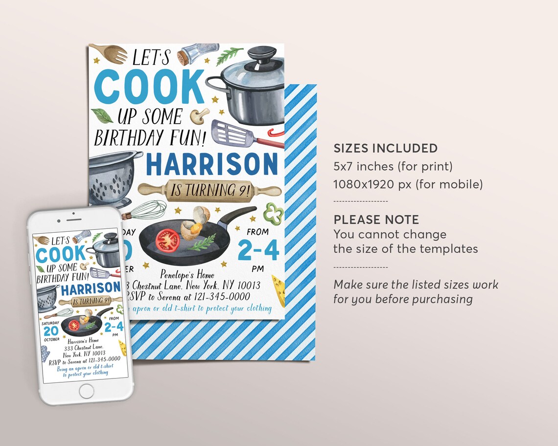Cooking Party Birthday Invitation Editable Template, Kids Cooking Class ...