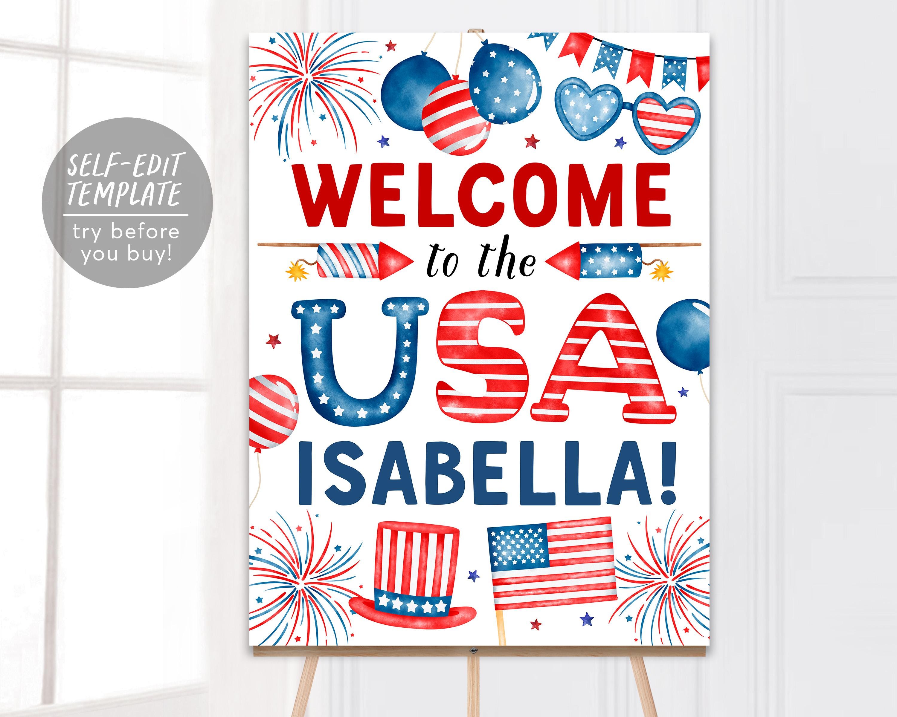 US Citizenship Party Welcome Sign Editable Template, Patriotic 4th of July Celebration Party Poster, Welcome To The USA Naturalization