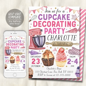 Cupcake Decorating Party Invitation Editable Template, Girl Baking Birthday Evite, Kids Preteen Chef Cooking Party Invite, Sweets Bake Shop