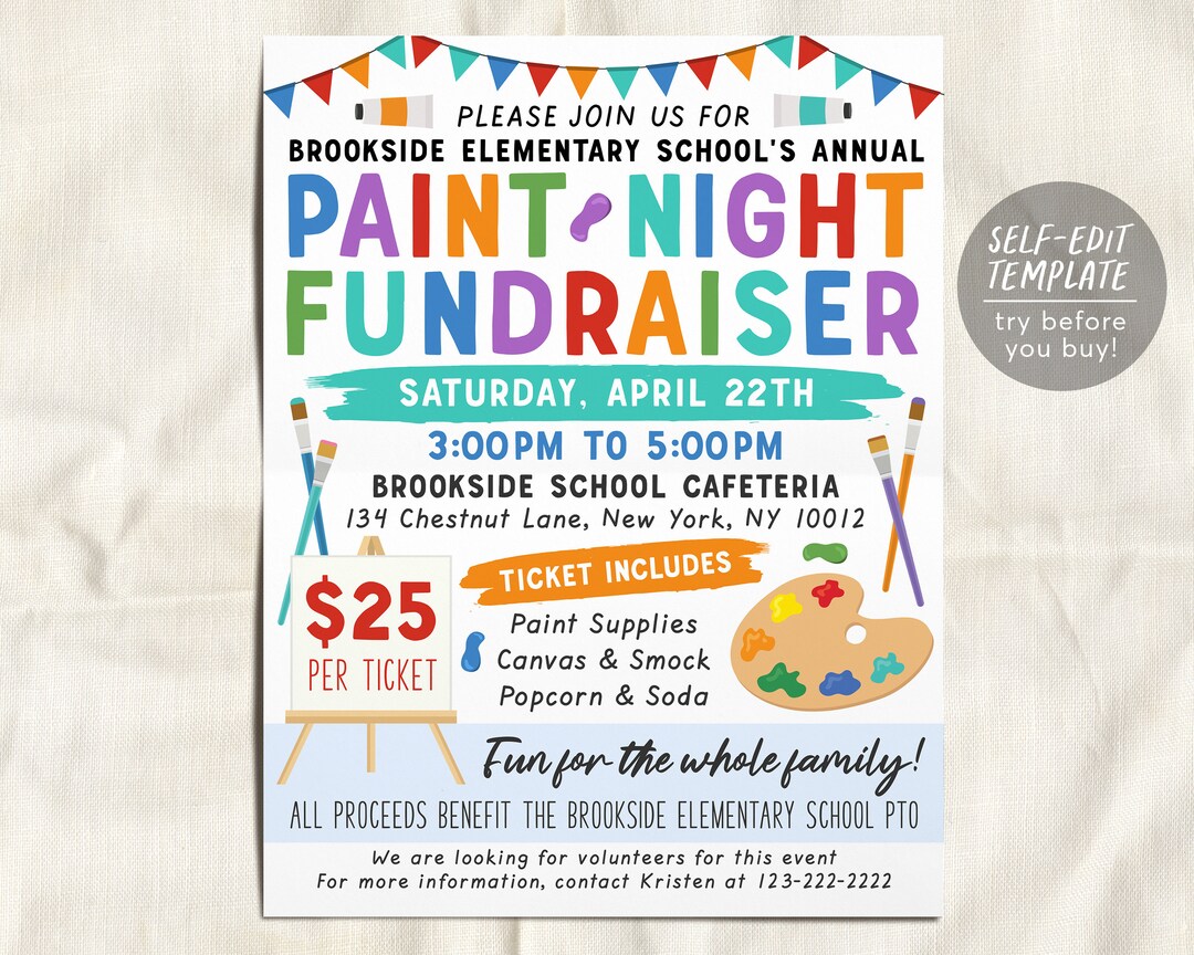 Paint Night Fundraiser Flyer Editable Template, Family Art Night