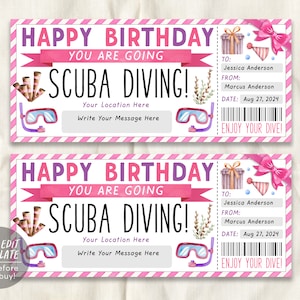 Scuba Diving Ticket Editable Template, Surprise Snorkeling Experience Reveal Gift Voucher For Him, Deep Sea Diving Trip Gift Certificate