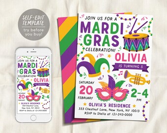 Mardi Gras Birthday Invitation Editable Template, Mardi Gras Masquerade Party Invite Printable, Fat Tuesday Evite, Instant Download